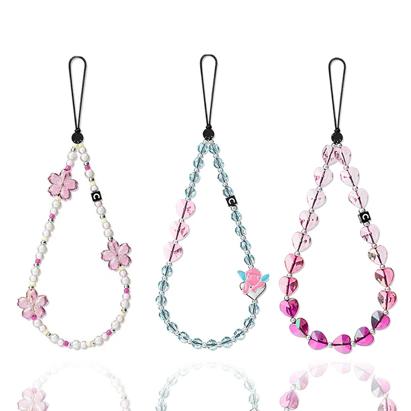 

Cute Cherry Blossom Cupid Gradient Pink Love Heart Phone Charm Chain Chain For Bag Accessory Women For Iphone Samsung Phone Case