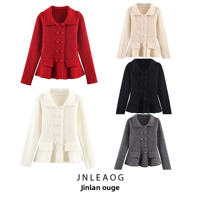 

JNLEAOG Autumn New Women's Faion Double Button Open Cardigan Outerwear Versatile Design Polyester Knitted Long Sve Top