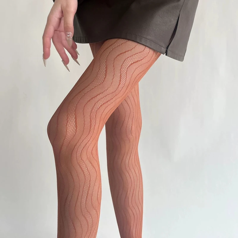 Women's Tights Elegant Sexy Wave Bottoming Stockings Ladies Hollow Out Lace Pantyhose Breathable Sheer Female Long Stockings