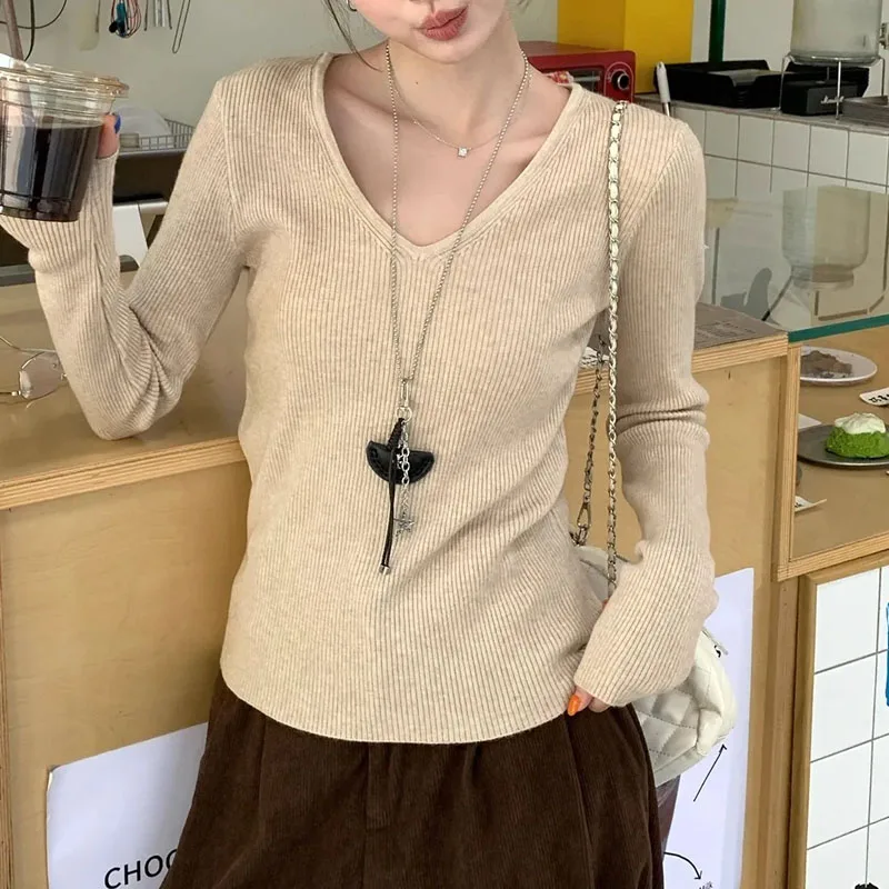 

Sweaters Fashion Long Sleeve Knitted Sweater Women Pullovers Slim V-Neck Knit Sweater Pullover Women Tops Sueter Feminino Q3477