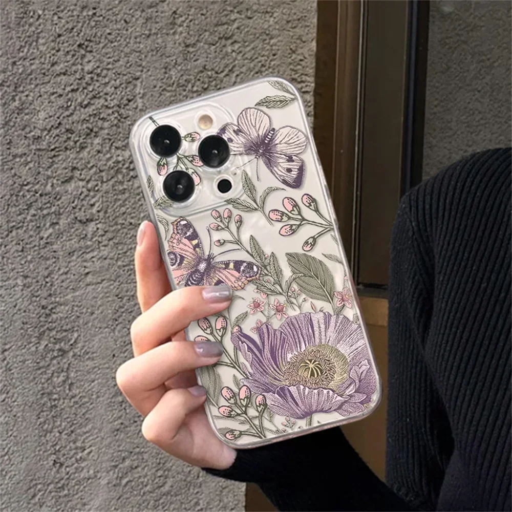 Beautiful Butterfly and Purple Flower Clear Case for iPhone 14 15 16 Plus 12 13 11 Pro Max Ultra Slim Soft Silicone Floral Cover