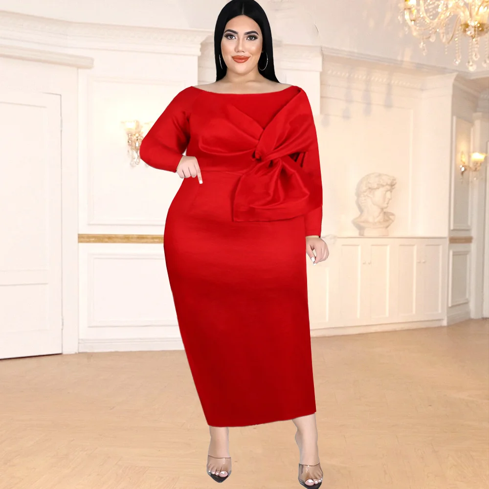 

Plus Size Women Clothing Winter Long Dress Red Elegant Curve Sexy Off Shoulder Autumn Long Sleeve Evening Party Dress Cute Bow