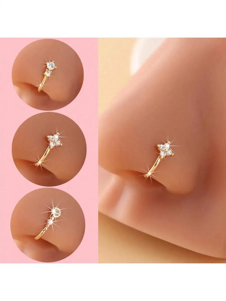 3pcs Gold-Tone Clip-On Nose Rings With Sparkling Rhinestones, Adjustable Non-Piercing Fashion Jewelry For Hip-Hop Style