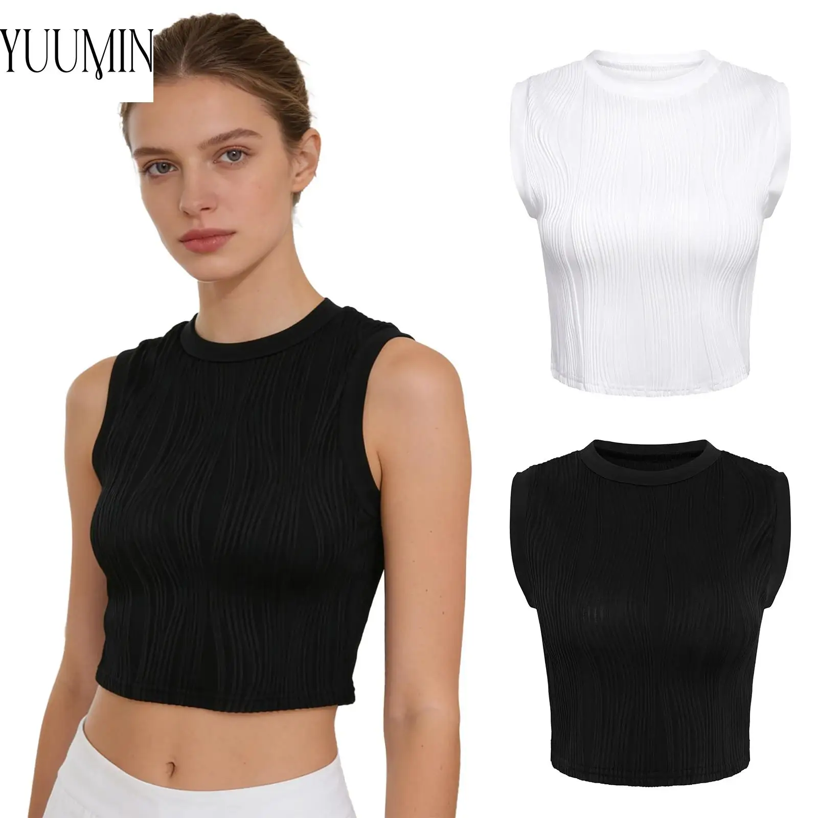 

Женская спортивная одежда для тренировок: топы без рукавов, ребристые текстурированные майки с круглым вырезом, облегающие укороченные топы для йоги, спорта, упражнений и бега.