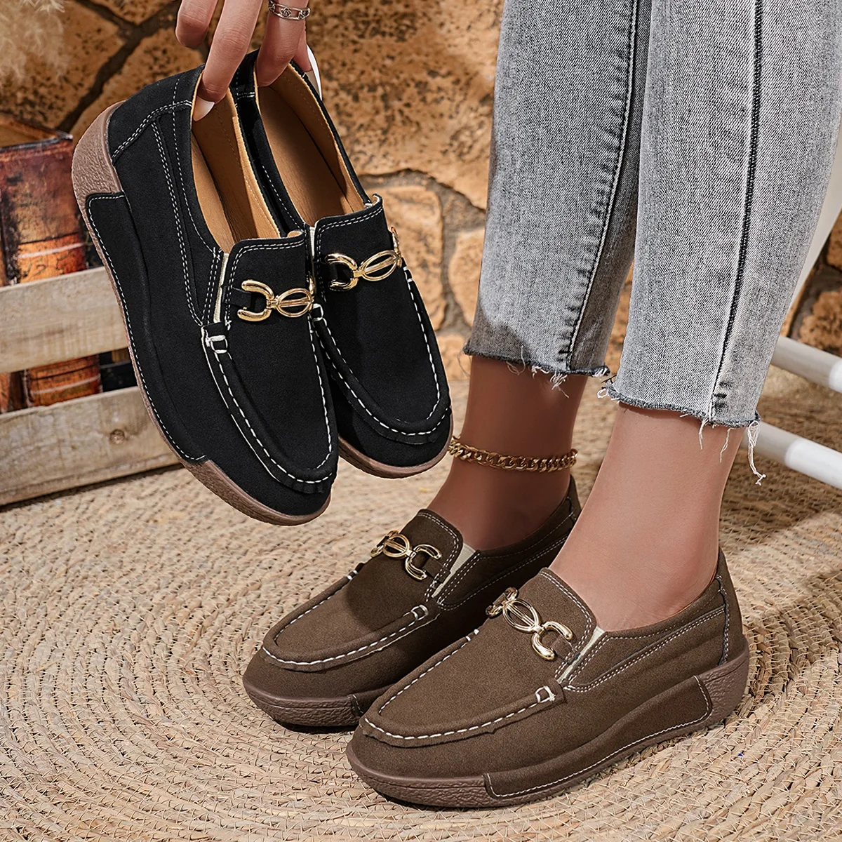 

22025 женские лоферы, женская обувь высокого качества, повседневная обувь для мам с металлической пряжкой, женские кроссовки на танкетке, осенняя удобная обувь