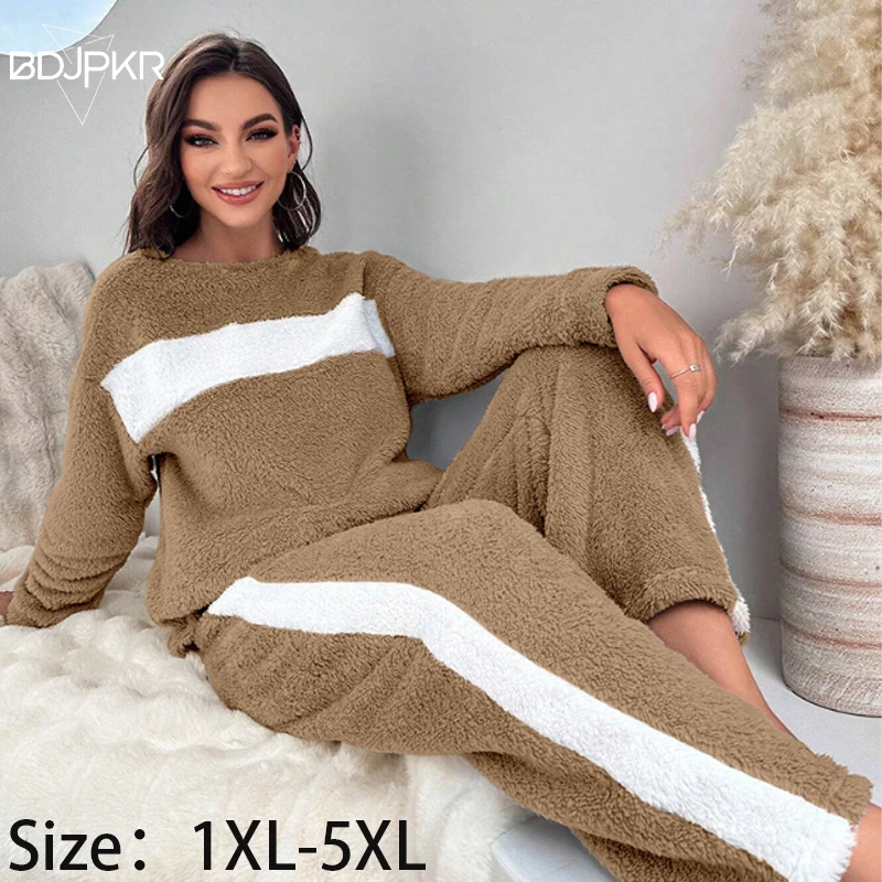 

Плюс размер 1XL-5XL, осенне-зимняя бархатная теплая женская домашняя одежда с двойным лицом, пижамы, брюки с длинными рукавами, женский комплект YCF0094