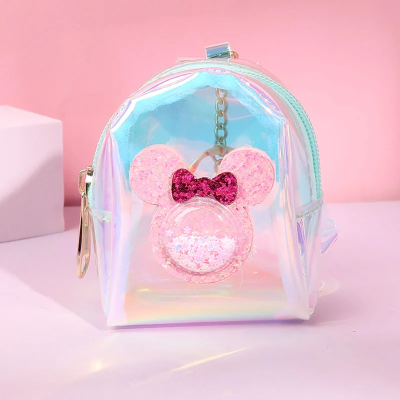 Disney-monedero de Mickey y Minnie para mujer, Mini billetera de PVC transparente con láser, monedero con correa y cremallera, bolso para llaves, colgante portátil