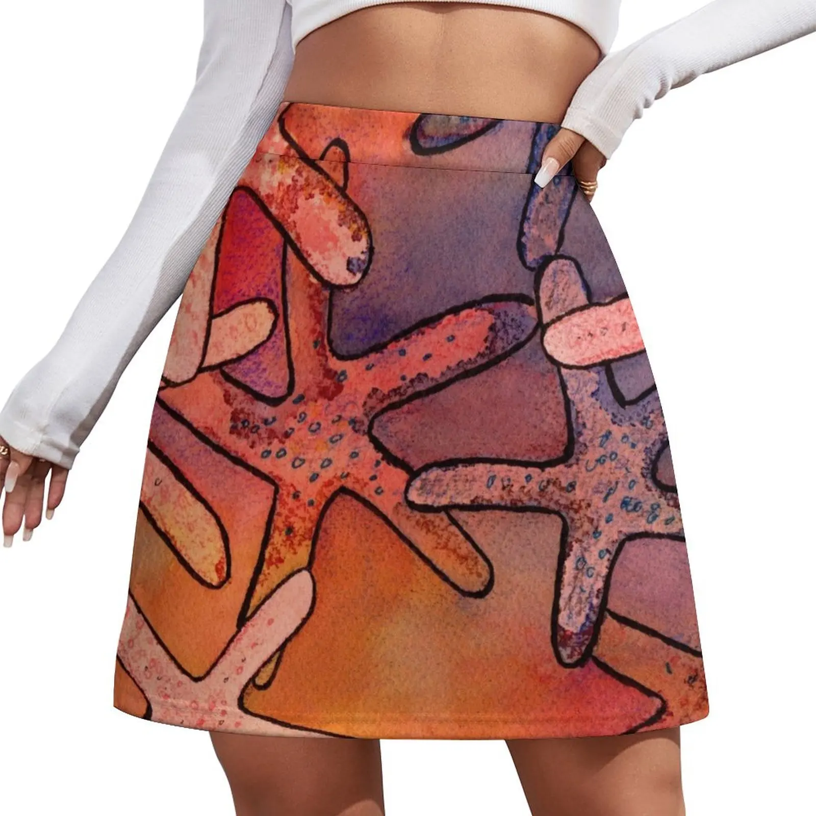 Colorful Starfishes Mixed Media Painting Mini Skirt korean style Summer dress fashion mini skirt for women