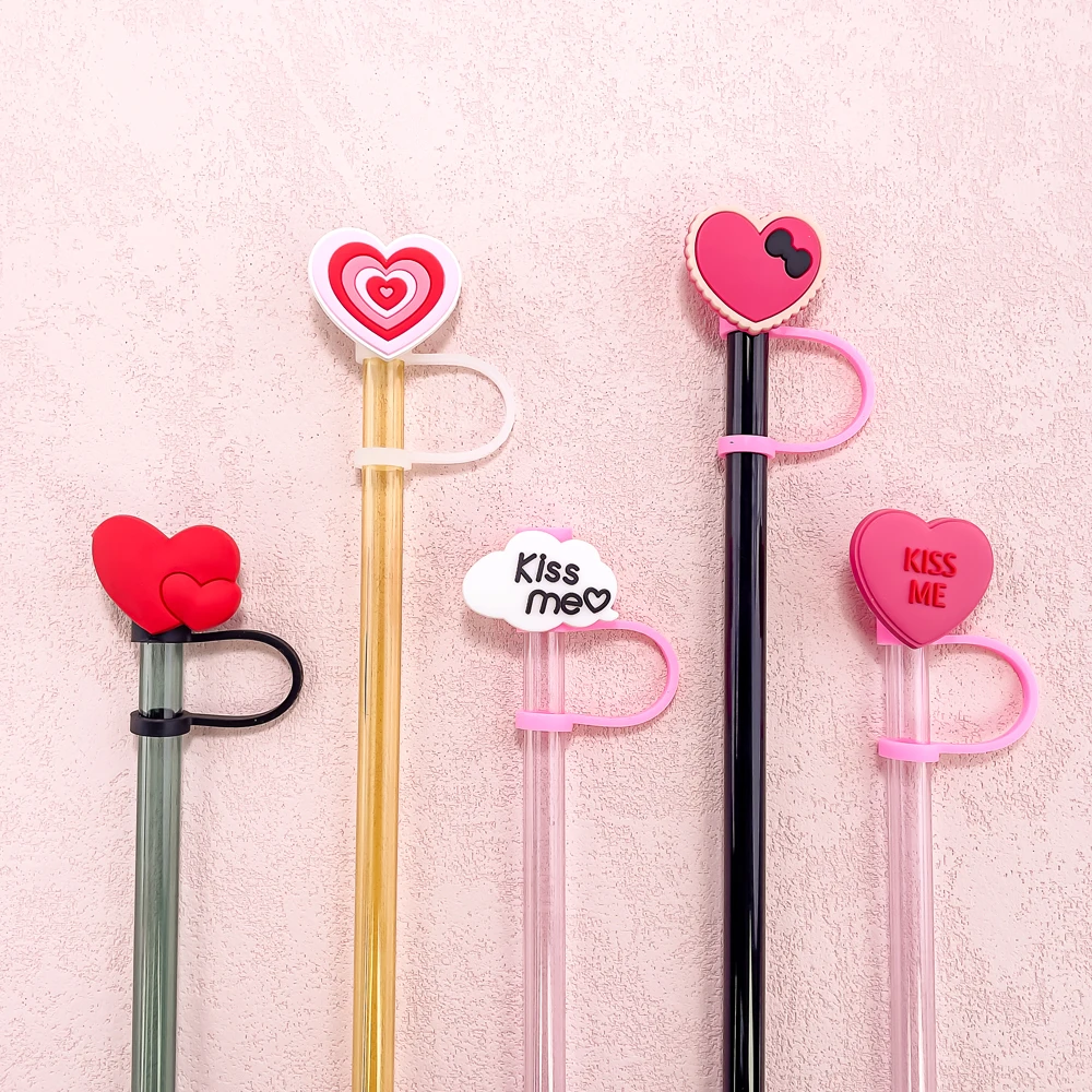 5pcs Pink Heart Straw Covers Cap for Cup,8mm Flower Straw Topper Pin Star Leopard Print 5 Colour,Reusable Dust-Proof,Party Decor