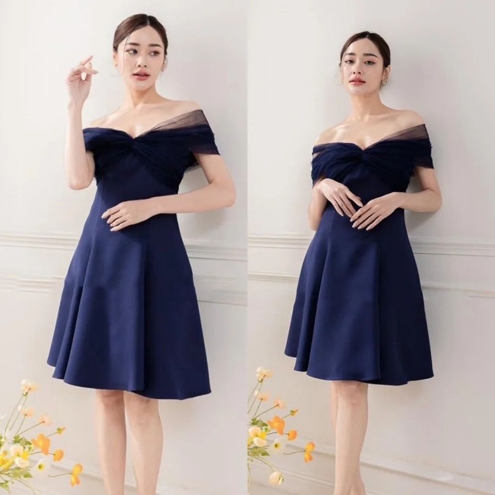 Vestido de noche de Jersey azul con temperamento personalizado, vestidos para ocasiones especiales de manga corta sin tirantes de alta calidad con hombros descubiertos