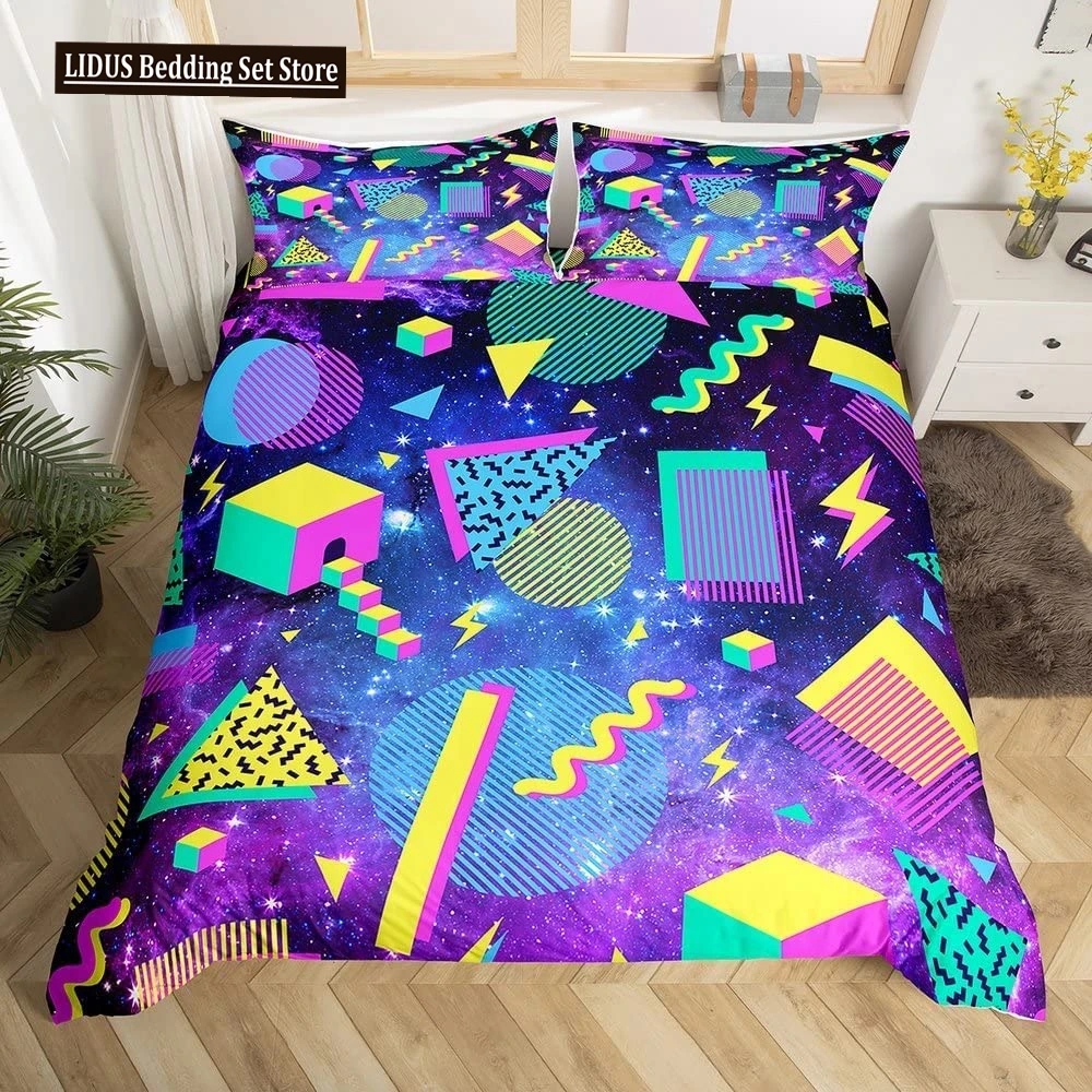 Retro Memphis Style Duvet Cover Set Galaxy Fashion Style Geometric Shapes Bedding Set Full,Hipster Old Fashioned Comforter Cover