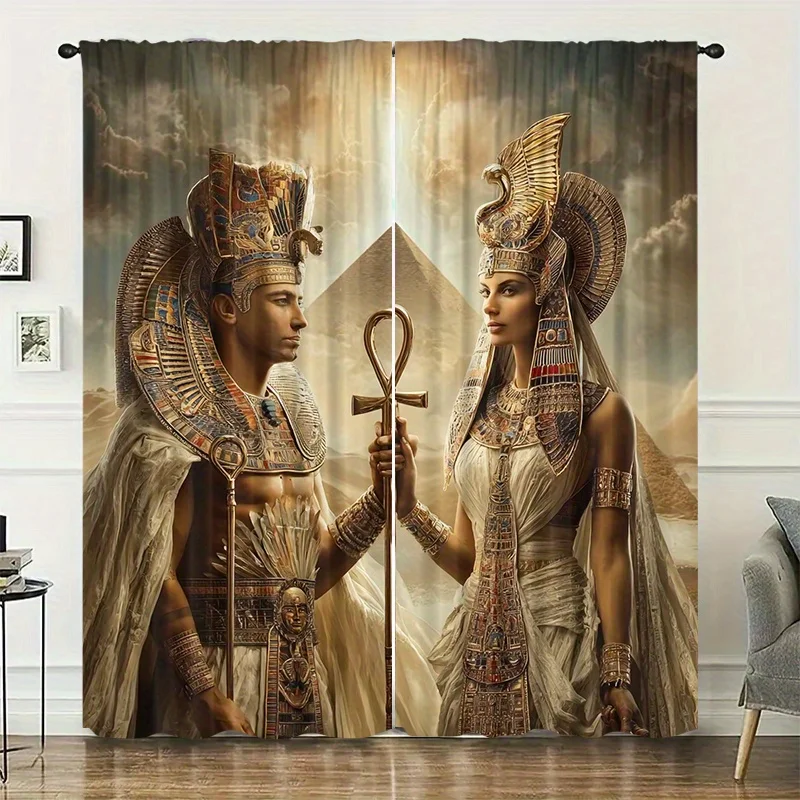 2pcs Ancient Egyptian Pharaoh and Queen Curtains Pyramids and Ankh Window Drapes Historical Art Decor for Living Room Bedroom
