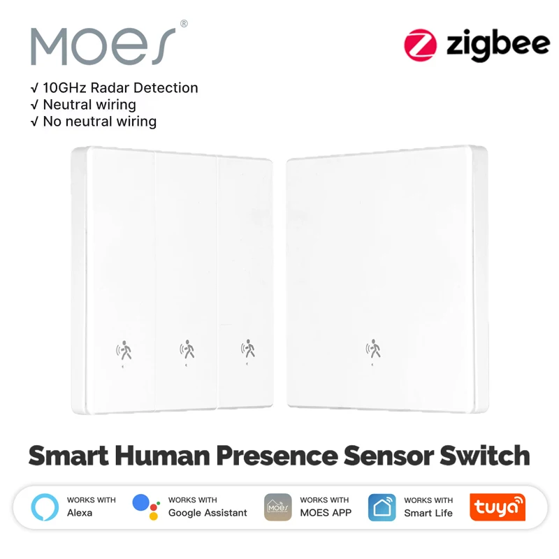 MOES Tuya ZigBee Smart Human Presence MMWave Radar Sensor Wall Light Switch Works with Alexa Google Home Neutral Wire Optional