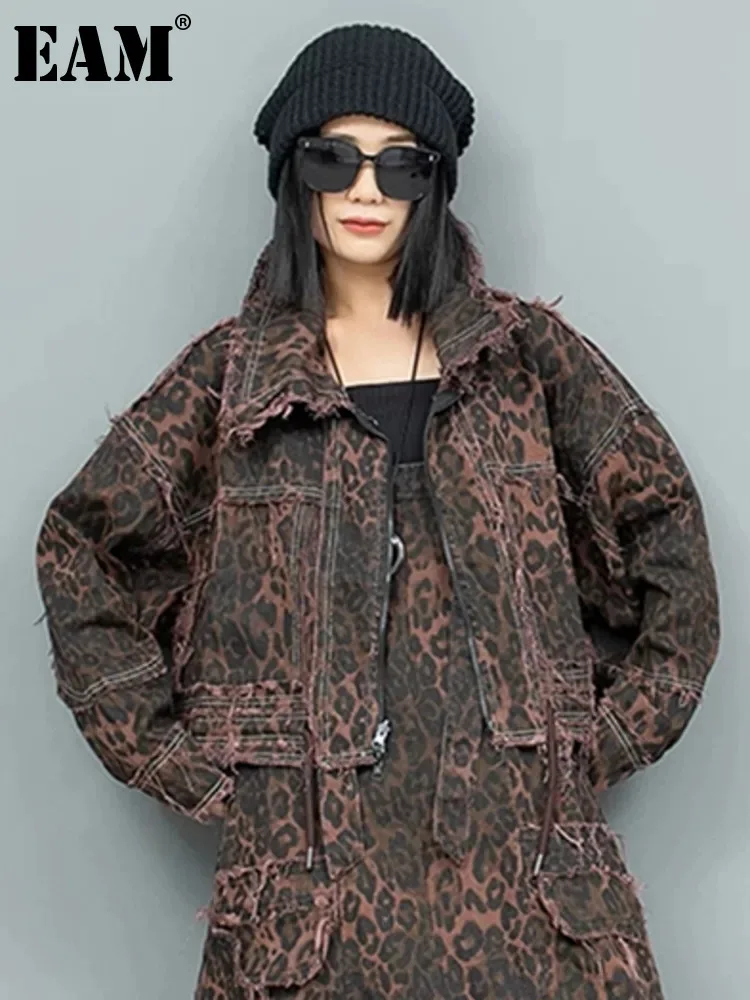 EAM Leopard Print Burr Short Big Size Casual Jacket New Lapel Long Sleeve Women Coat Fashion Tide Spring Autumn 2025 1DH6427