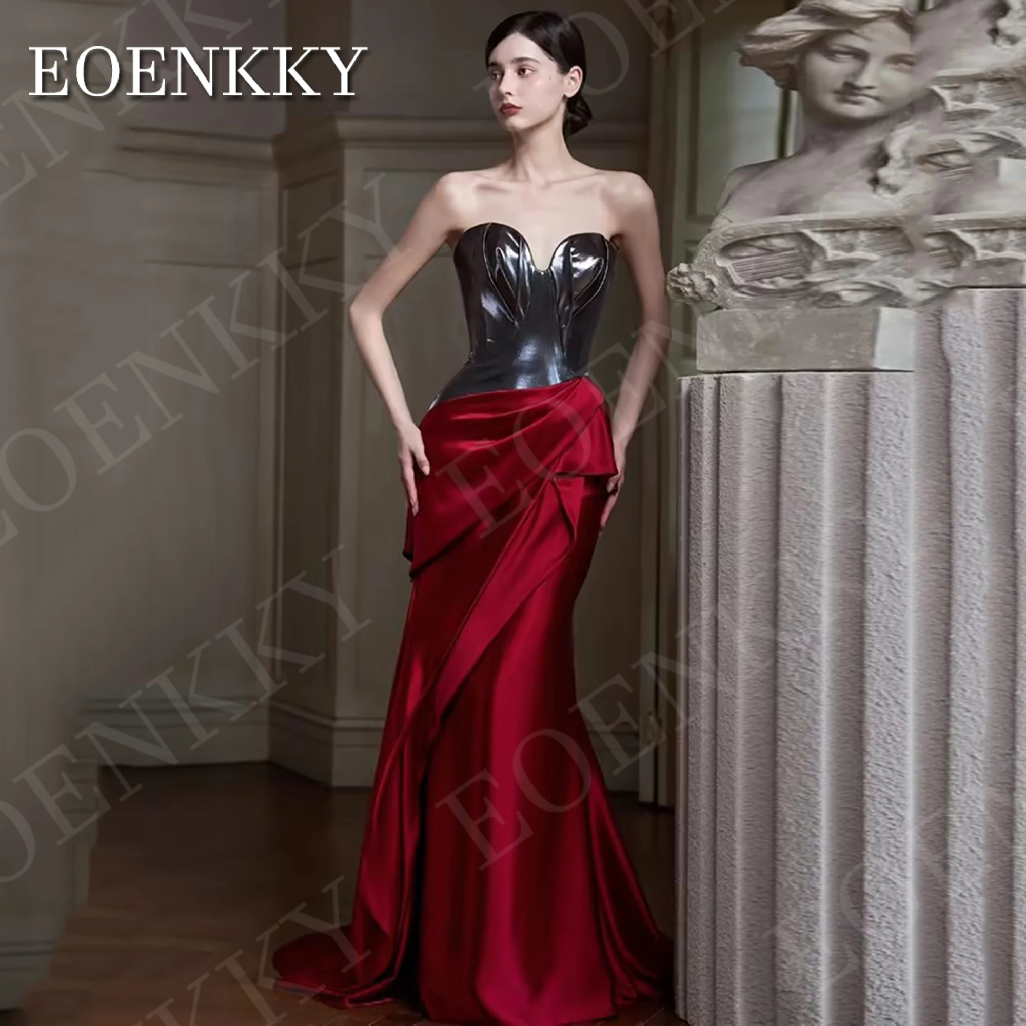 EOENKKY Simple Evening Dresses for Women Sweetheart Strapless Mermaid Formal Party Dress Sleeveless Satin vestidos de fiesta