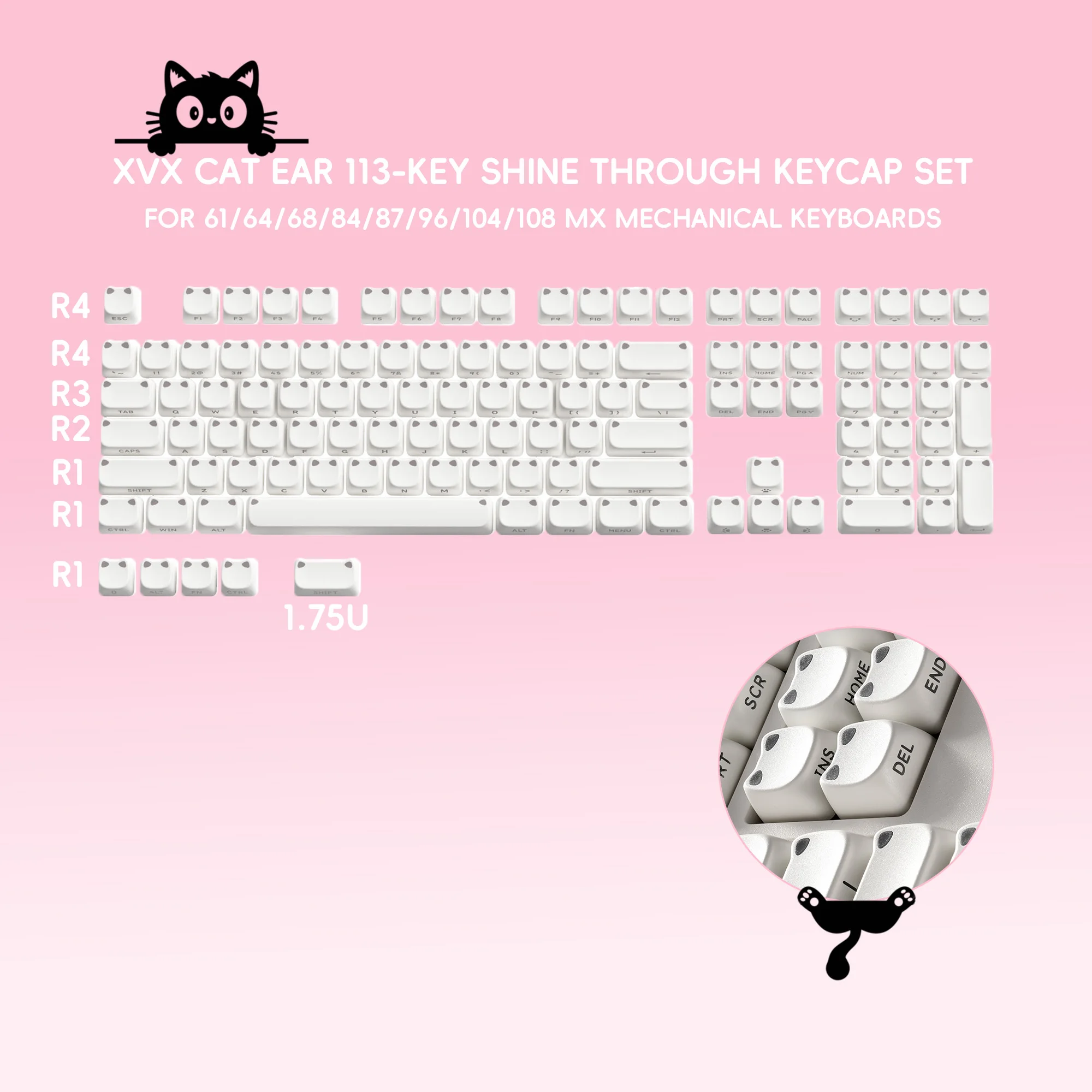 XVX White Lumicat MAO Profile Side-Printed Shine-Through 113-Key Keycap Set Double Shot Cute Cat Ear Key Cap
