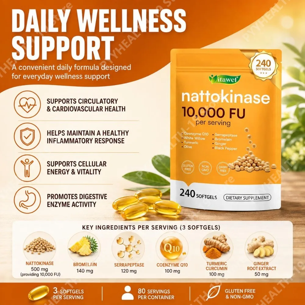 Nattokinase 10,000 FU Softgels with CoQ10 Bromelain Serrapeptase Turmeric 240 Count Supports Circulatory & Cardiovascular Health