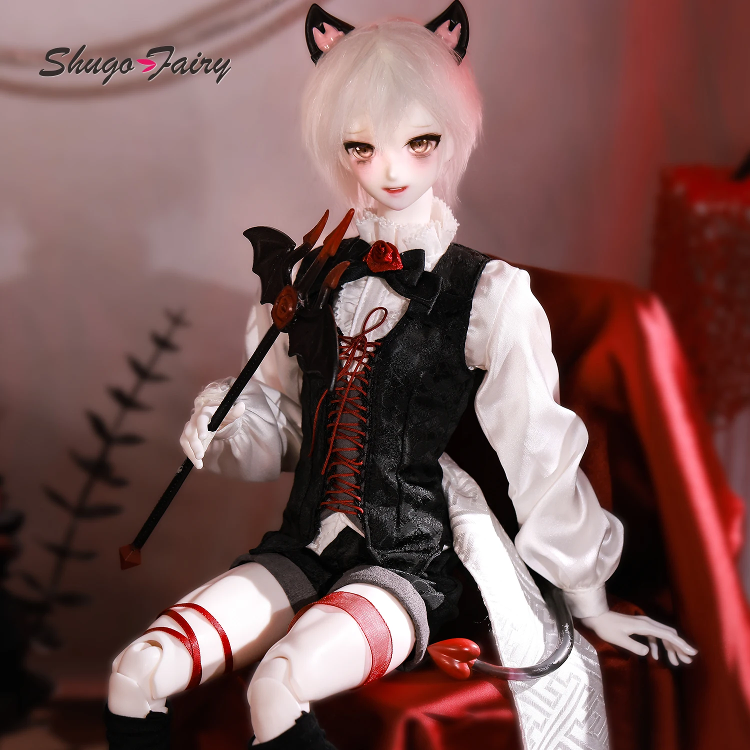 Muñeca BJD ShugaFairy Theo B 1/4 FullSet Anime Baron Head Youth MC Bubo Body con Cola Magnética y Atuendo de Hombre Demonio, Muñeca Articulada