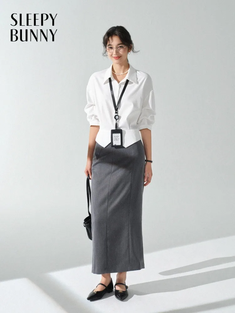 

Elegant Collared Shirt Slim Stylish White Blouse Women Long Sleeve Office Top with Waist Design French Chic 3/4 Sleeve Workwear