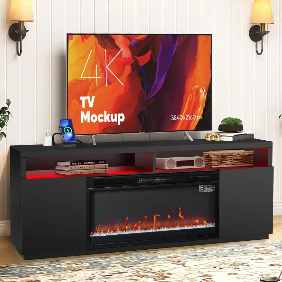 

68 Fireplace TV Stand with 36 Electric Fireplace for TVs Up to 80 Modern LED Light Entertainment Center for Living Room Media C