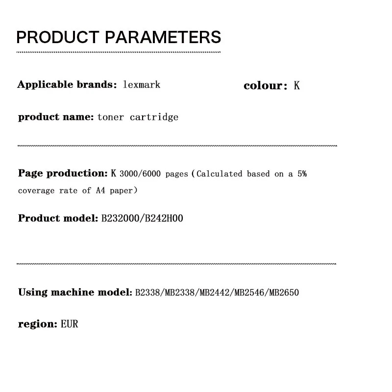 B232000 B242H00 3K 6K EUR toner cartridge for lexmark B2338/MB2338/MB2442/MB2546/MB2650