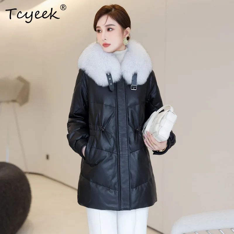 Tcyeek Top Layer Sheepskin White Duck Down Autumn Winter Fox Fur Collar Black Women's Genuine Leather Jacket Jaqueta Couro