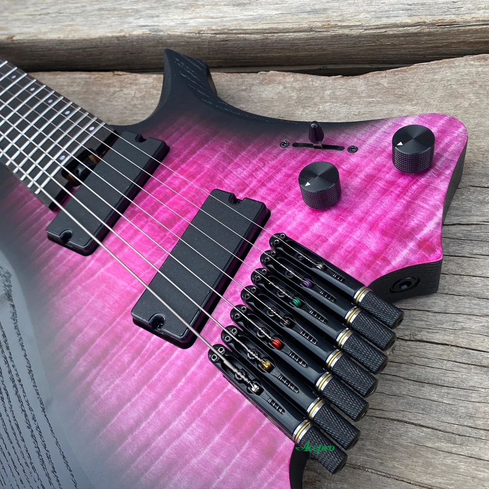 7 String Headless Electric Guitar, Purple Ash Body Flame Maple Top, 9 Piece Roasted Maple Neck, Fanned Frets, Active Pickups