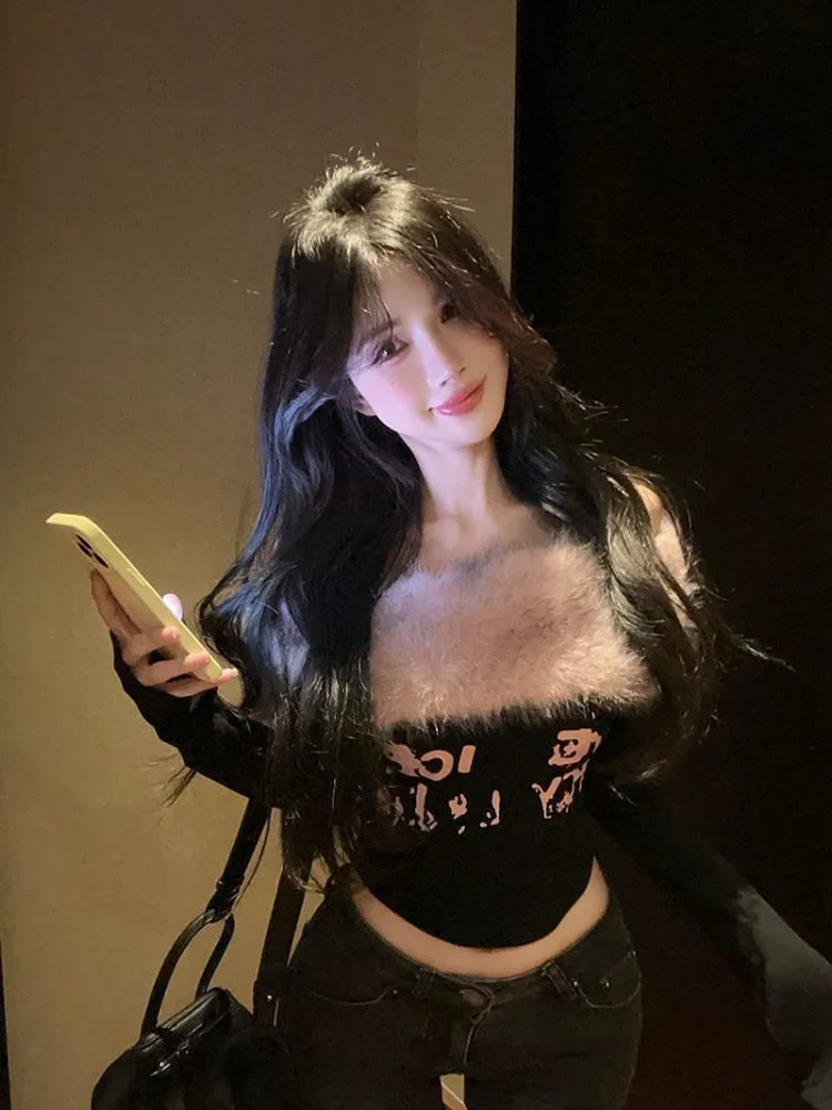 Furry Patchwork Slash Neck Tshirts Women Sexy Letter Printed Slim Fit Short Tops Korean Temperament Spicy Girl Y2k Tees