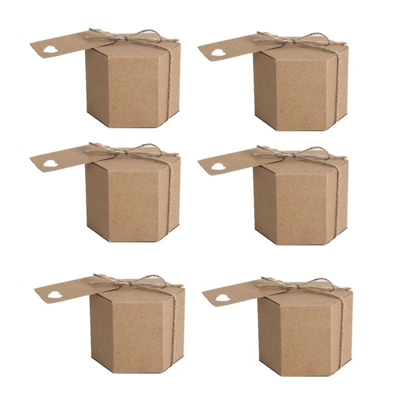 50Pcs Kraft Paper Candy Box, Hexagonal Carton Candy Box Gift Box, with Twine and Tag, Wedding Supplies-FS