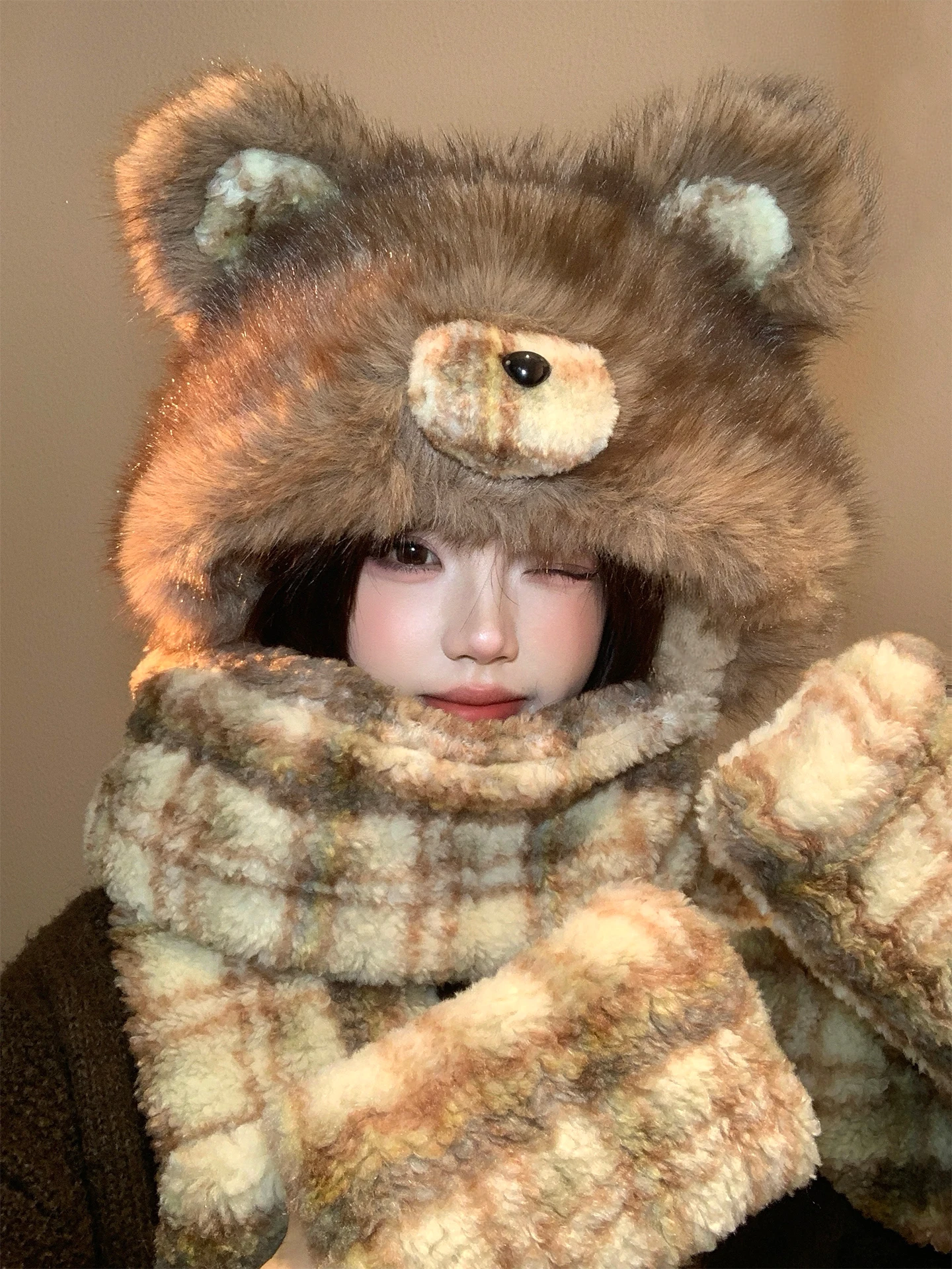 Thickened Plush Bear Hat Scarf Integrated Winter Cycling Hat for Women Warm Anti-Cold Ear Protection Large Head Size Adjustable
