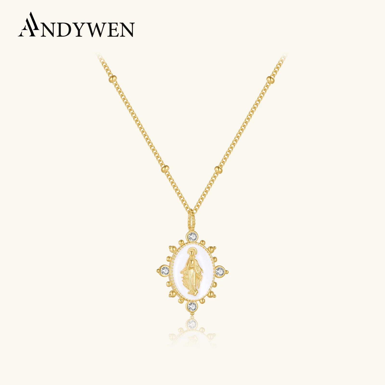 ANDYWEN 925 Sterling Silver Gold LADY LOURDES wisiorek z maryją koraliki długi naszyjnik 2024 wiosna duża duża biżuteria