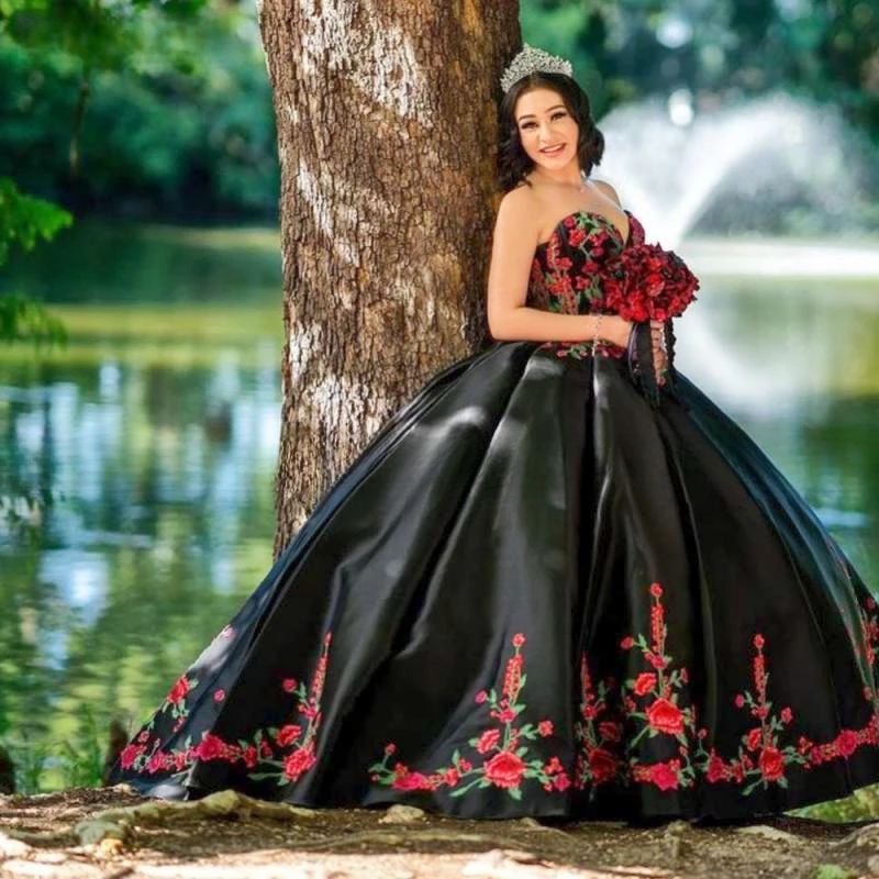 In Fashion-vestido de baile de quinceañera, traje largo de satén con apliques de flores, sin mangas, color negro, talla grande, 2024