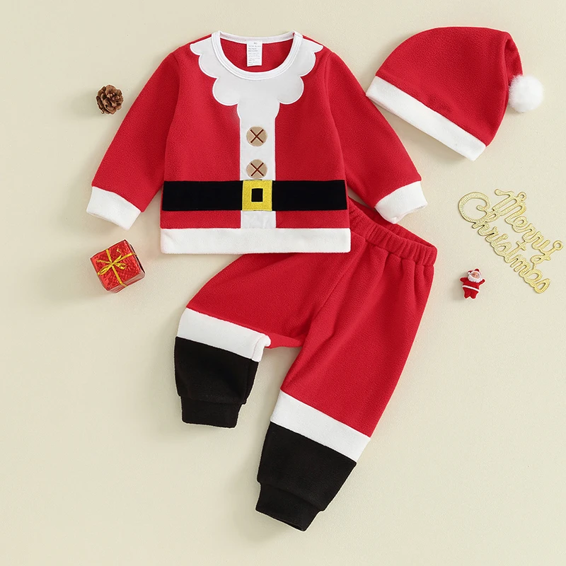 

BeQeuewll Toddler Baby Boys Girls Christmas Santa Costume Contrast Color Round Neck Long Sleeve Tops And Pants And Hat