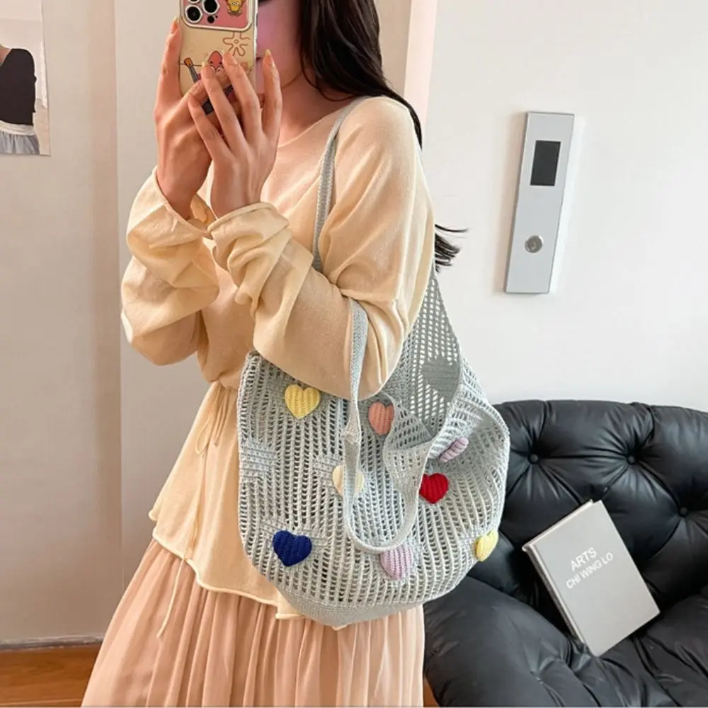 

Hollow Out Lover Heart Thread Woven Bag Beach Handbag Tote Bag Beach Bag Bohemian Style Large Capacity Hollow Shoulder Bag