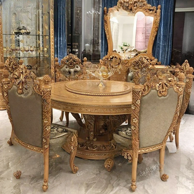 European Luxury Solid Wood Carved Dining Table Art Puzzle French Round Table with Rotary Table Palace Restaurant Furniture