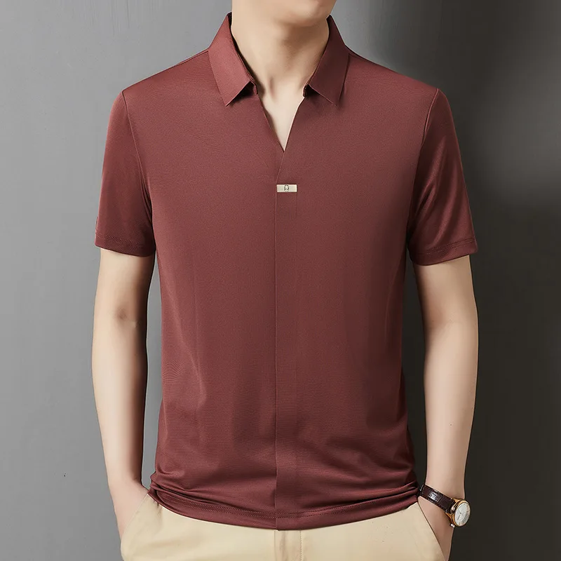 Summer New Scissor Neck Short Sleeve Polo Shirt Men's Solid Color Breathable Ice Silk Half Sleeve