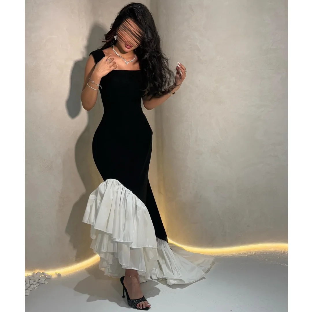 

Black and White Mermaid Evening Dresses Ruffles Skirt Chic Party Dress Customized Sleeveless Prom Gown Arabic Vestidos
