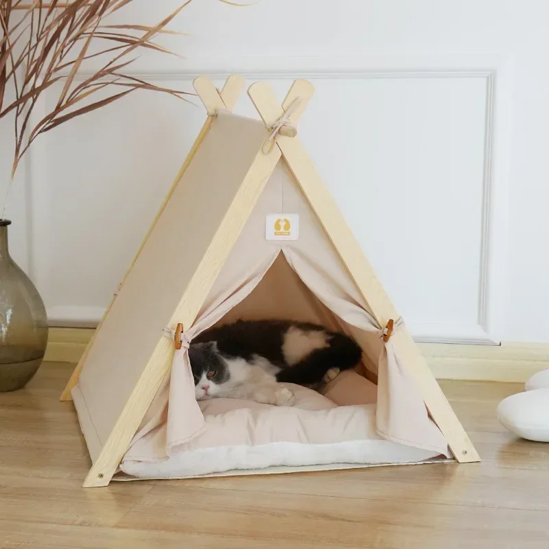 Four Seasons Cat Room Bed Tent Enclosed Pine Wood Winter Warm Pet House for Cats and Dogs