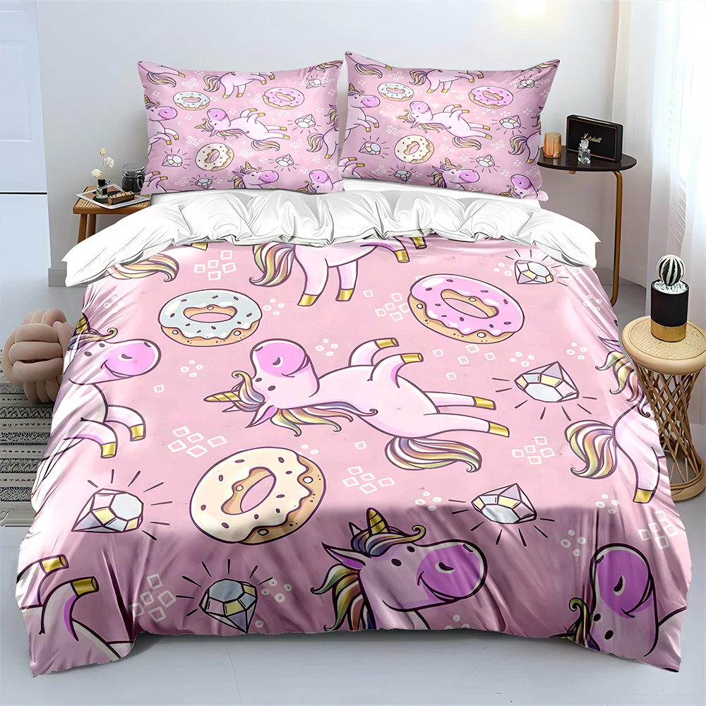 

Pink unicorns donuts diamonds pattern Bedding Set 1 Duvet Cover 2 Pillowcases for Adult and Children Luxury Gift Full Size