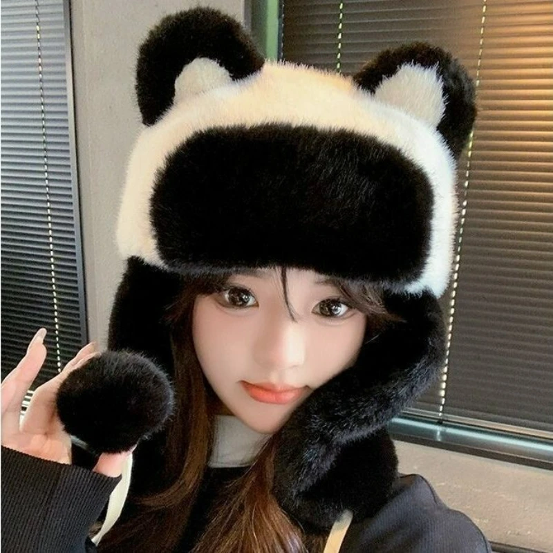 

Panda Plush Lei Feng Hat, Thickened and Warm, with Ear Flaps, Pom-Pom, Unisex, Windproof and Frost-Resistant for Outdoor Use