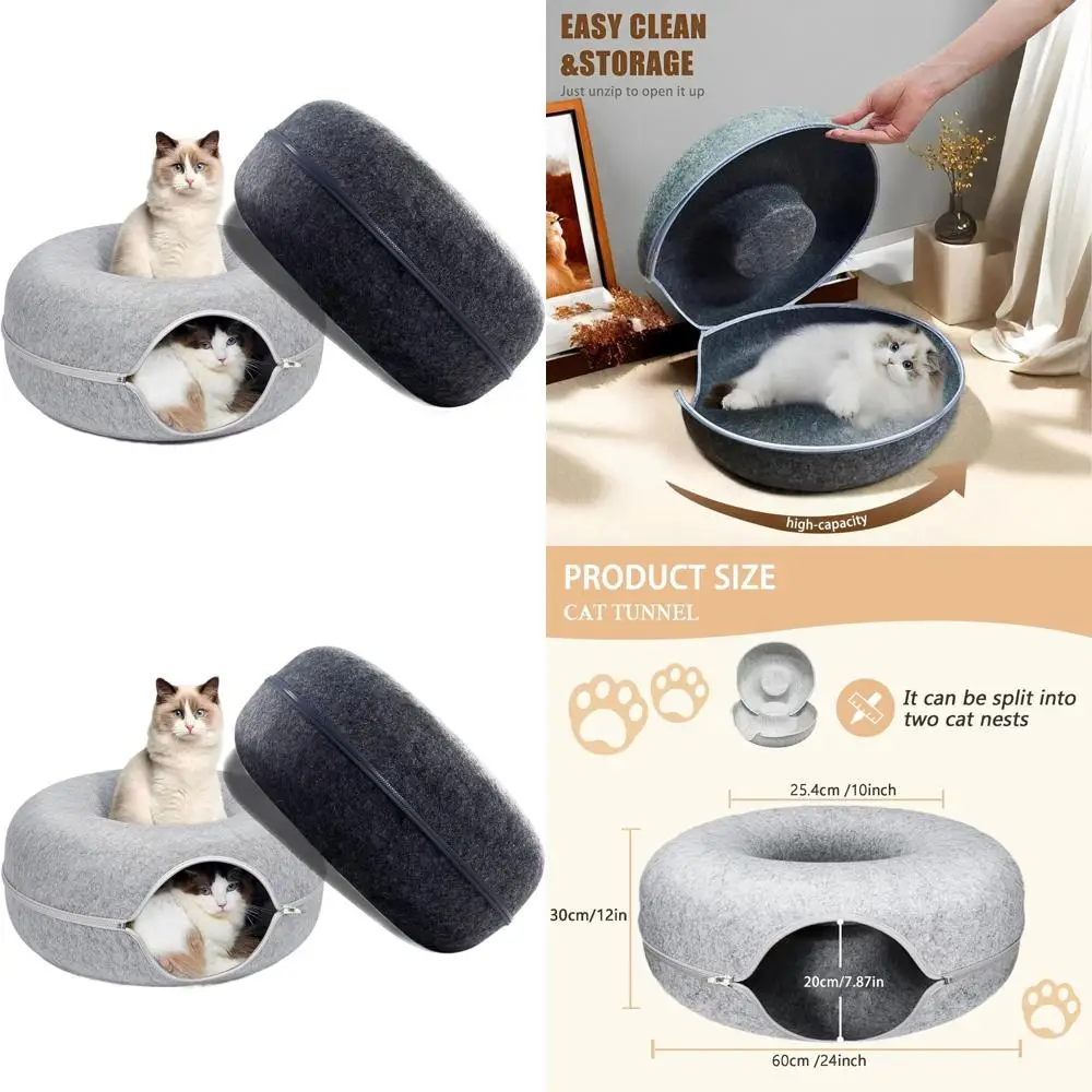 

Indoor Peekaboo Cat Cave, 24 Donut Tunnel for Multiple Cats, Washable Felt Interior, Light Gray and Dark Gray Combo
