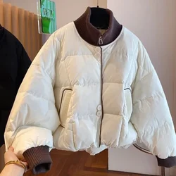 2024 Winter New Women White Duck Down Coat Loose Knitted Standing Neck Casual Fashion Warm Thick Jacket Korean Office Lady