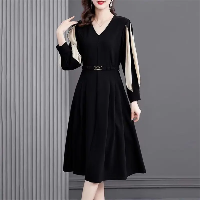 Office Lady Solid Color Patchwork Midi Dress Elegant V-Neck All-match Spring Autumn Sashes A-Line Waist Women\'s Pleated Dresses