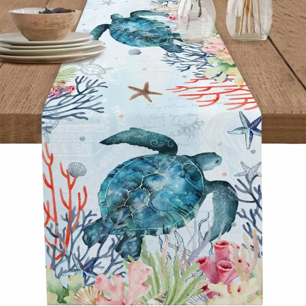 VIKAMA Summer Linen Table Runner Ocean Turtle Coral Starfish Print for Dining Party Decor