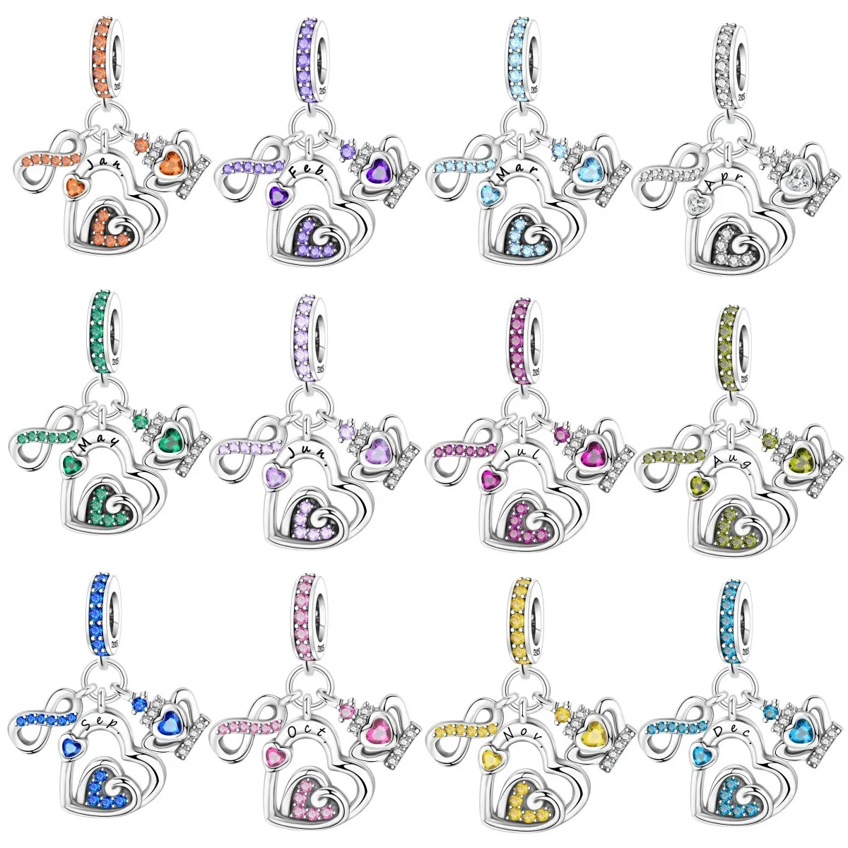 S925 Sterling Silber Charm mit 12 Monats-Geburtssteinen, Glücksfarbe, feiner Charm, modischer Kronen-Herz-Anhänger für DIY-Schmuckherstellung, Geschenk