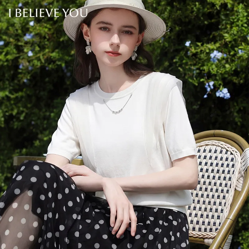 

I BELIEVE YOU Breathable Knitted Shirt for Women 2026 Summer New Mesh Pressing Splicing Elegant French Top for Women 2262146497
