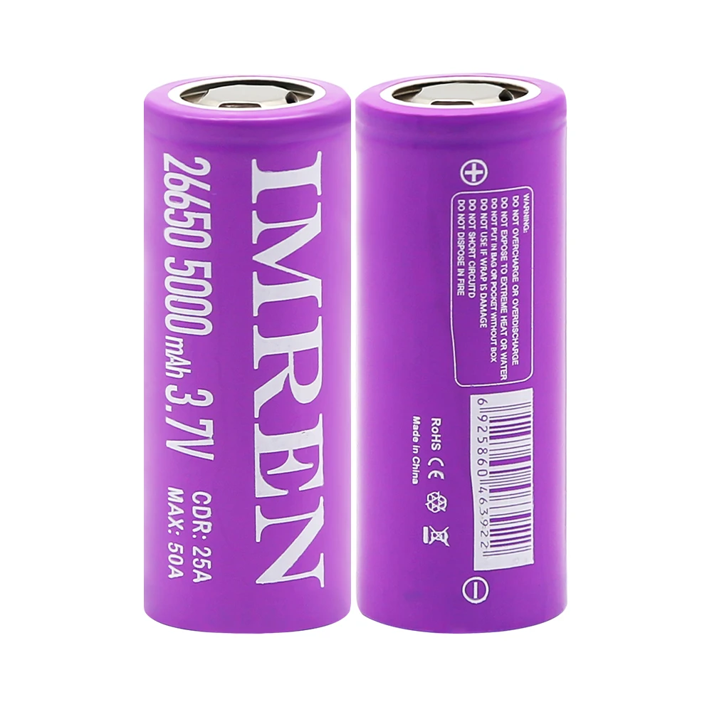 

IMREN High-drain 26650 Battery Cell 26650 3.7v 5000mAh Max Discharge 50A Lithium ion Rechargeable Batteries