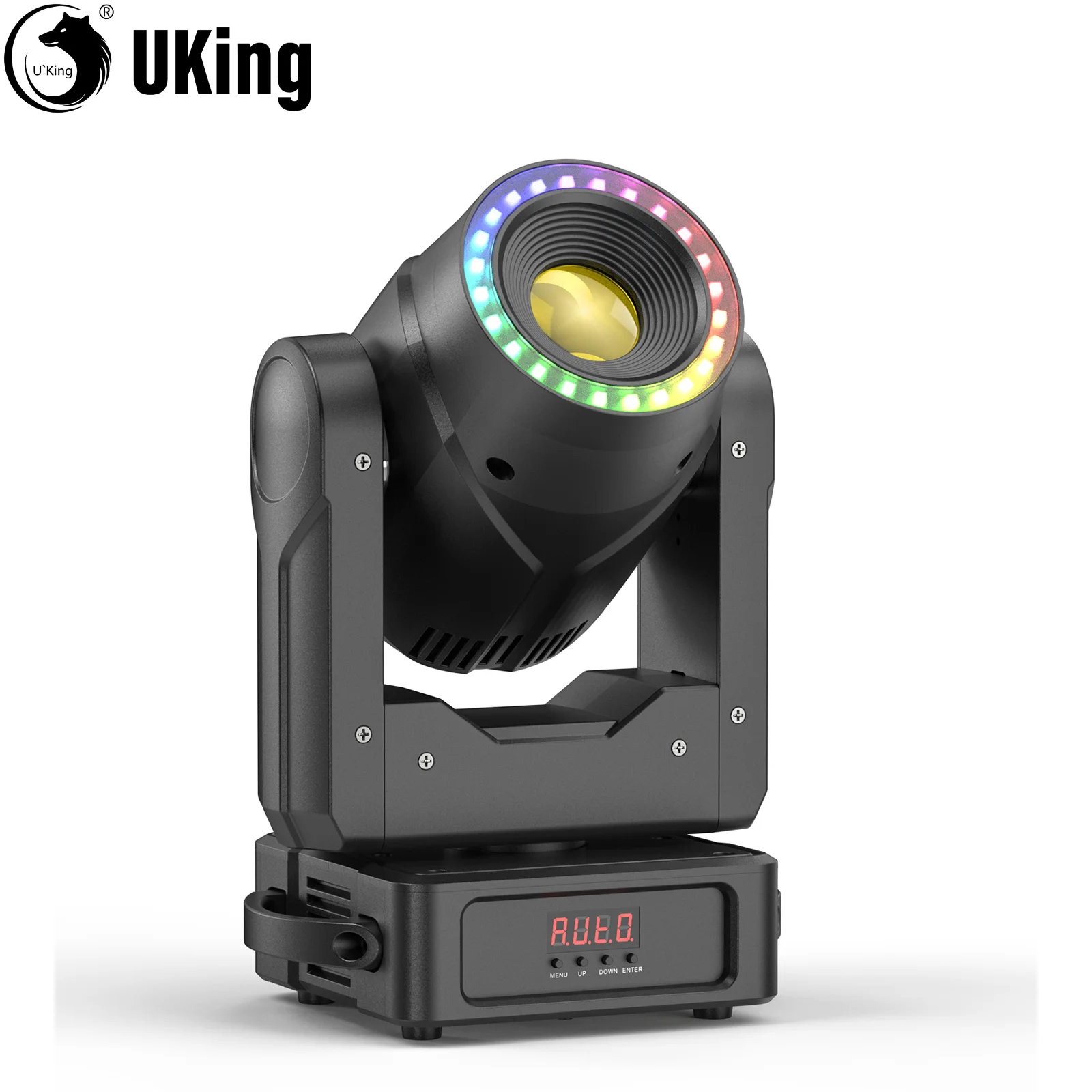 U'King Mini 150W luz de Dj con cabezal móvil con tira de Halo 7GOBO 7 colores 3 prismas RGBW luz LED de escenario DMX512 para DJ Disco fiesta de boda