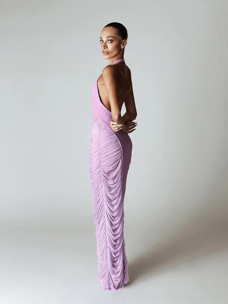 Nibber Halter Mesh Patchwork Maxi Dress Women Deep V-Neck Sexy Backless Midnight Trend Banquet Party Ruched Elegant Vestidos