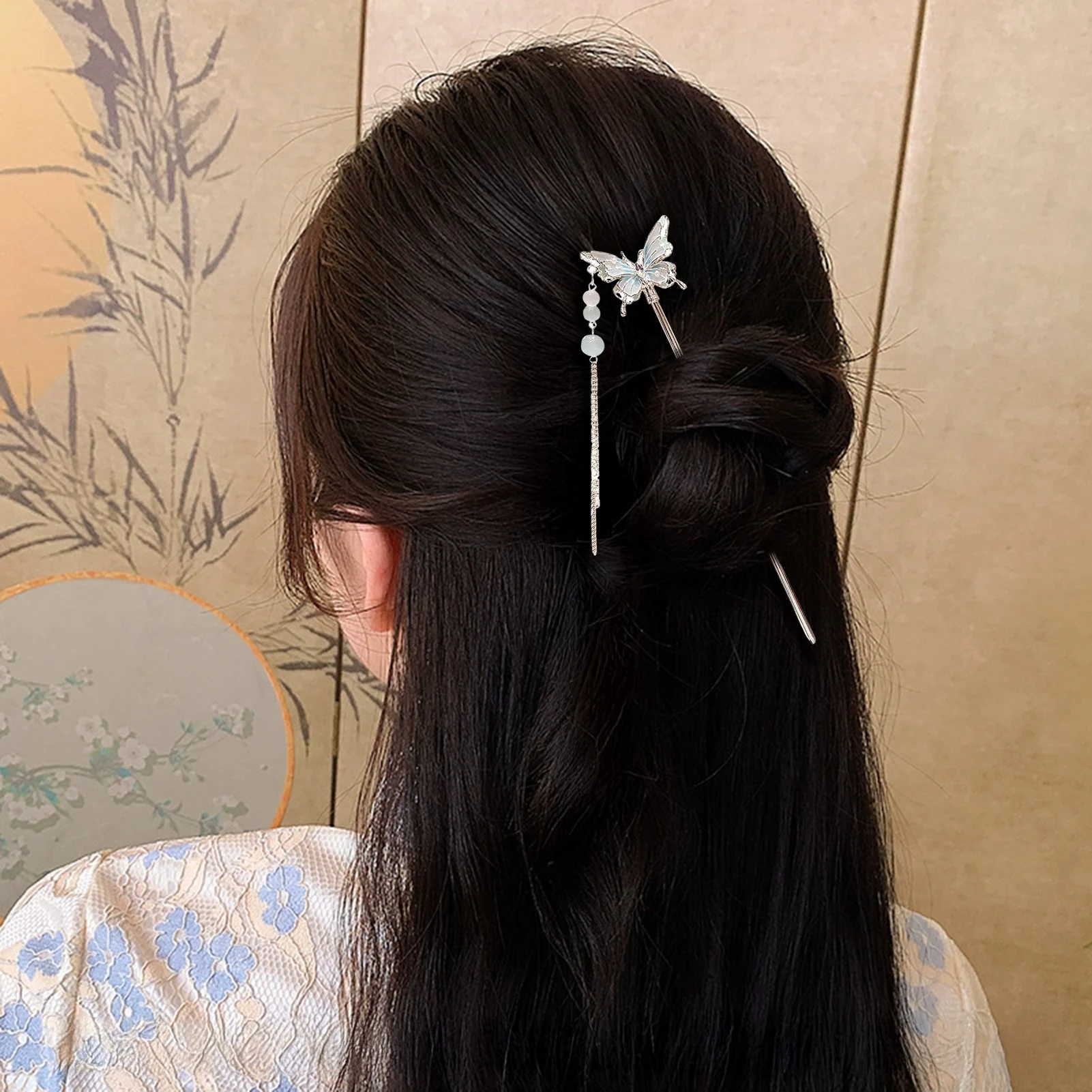 Bacchette per capelli a farfalla Hanfu cinese per accessori per capelli da donna Nappa lunga Forcina in metallo Gioielli per capelli Cheongsam retrò